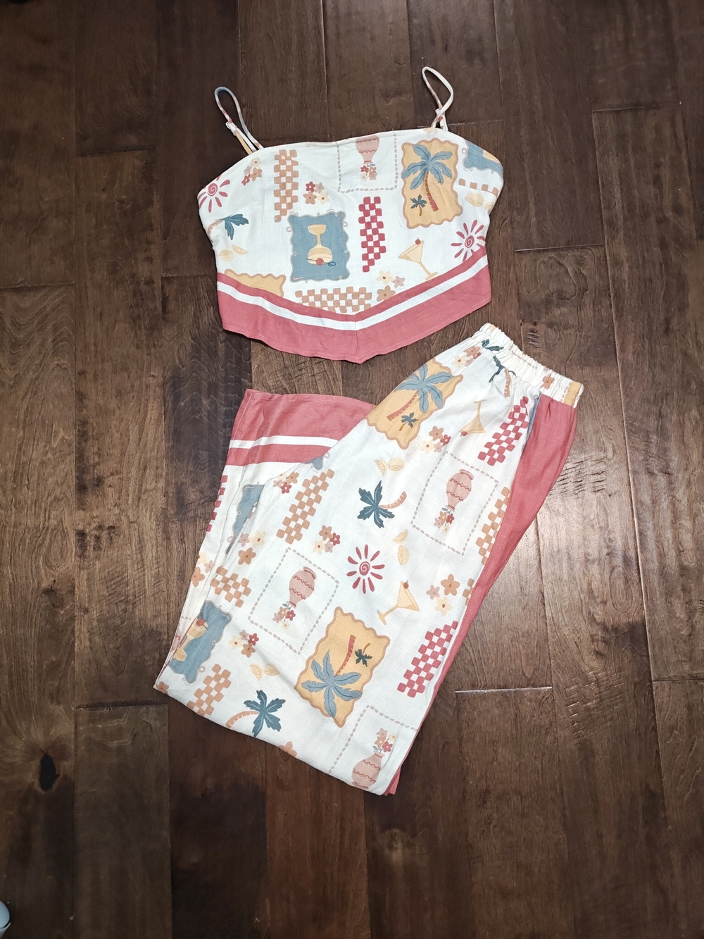 Coral Pink & Cream Printed Two-Piece Bottoms Set